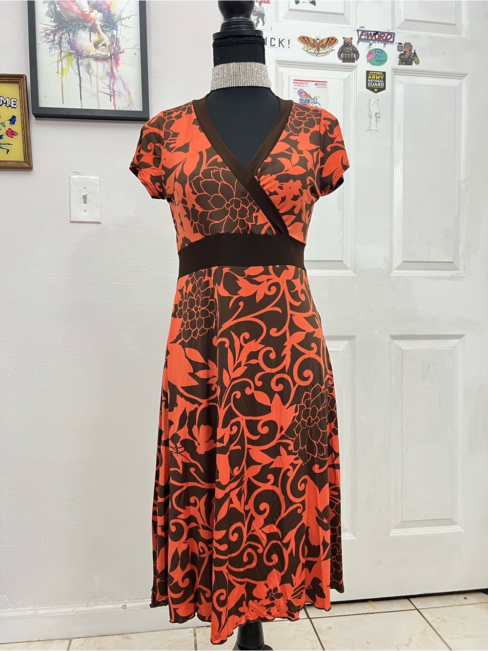 Shasa Orange & Brown Floral Wrap-Style Midi Dress (read description)